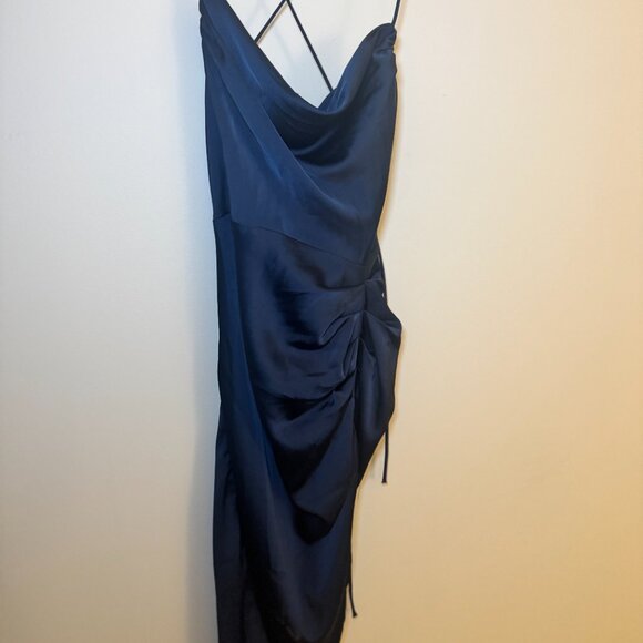 Blue Cowl neck thigh spilt midi dress in satin navy - Picture 3 of 5